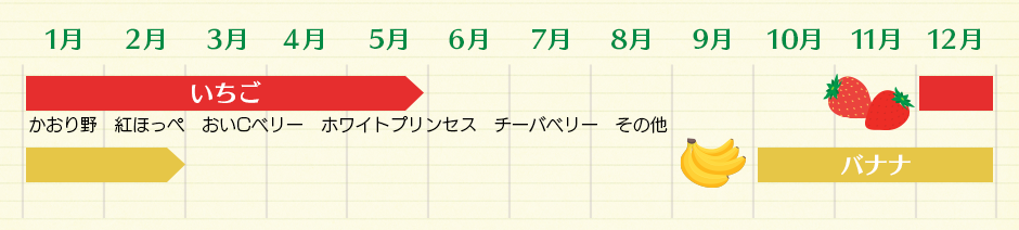 いちご(12月→5月)かおり野 紅ほっぺ おいCベリー ホワイトプリンセス チーバベリー その他 バナナ(10月→2月)